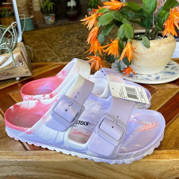 Birkenstock Women's Arizona Essentials EVA Sandals Purple Fog Swirl NWT MSRP $50 - Picture 1 of 11
